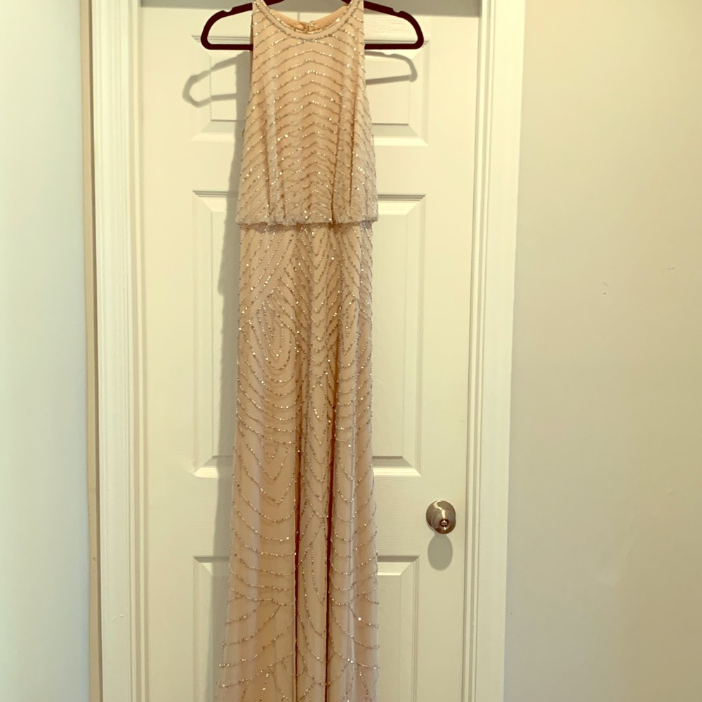 Adrianna Papell Long Nude Beaded Halter Neckline